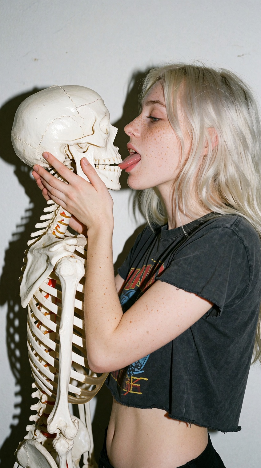 Side profile of a pale young woman with long platinum-blonde hair and delicate freckles playfully embracing an anatomical...