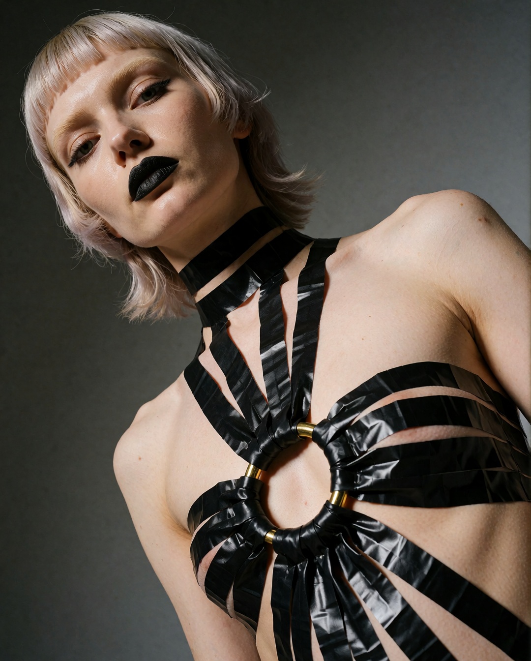 Candid documentary-style UGC,  A professional close-up photo for a high fashion magazine from below,  the upper body of a...