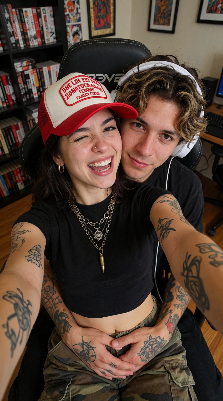 A playful high-angle selfie of a young couple sharing a lighthearted moment in a gaming room. In the foreground,  a young...
