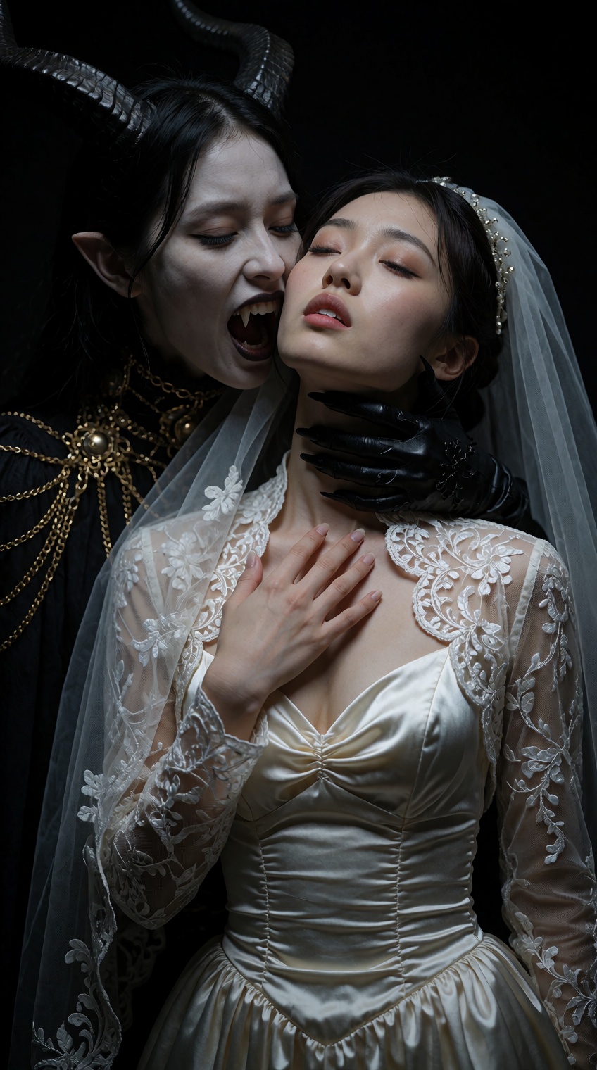 A dark fantasy gothic portrait of two East Asian women in an intimate,  predatory embrace against a pitch-black background...