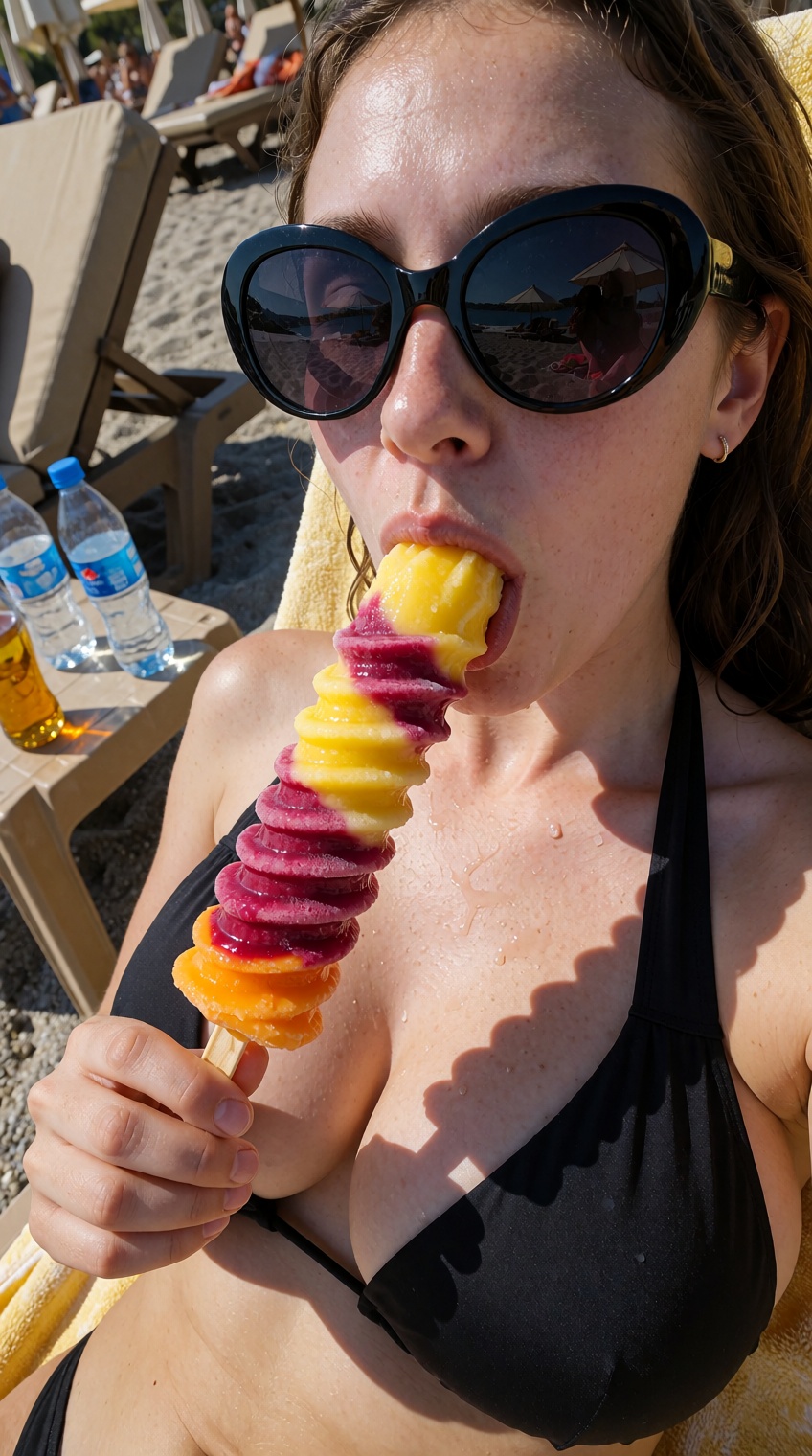 An extreme close-up,  high-angle selfie of a young woman relaxing on a beach lounger,  eating a tall frozen fruit popsicle...
