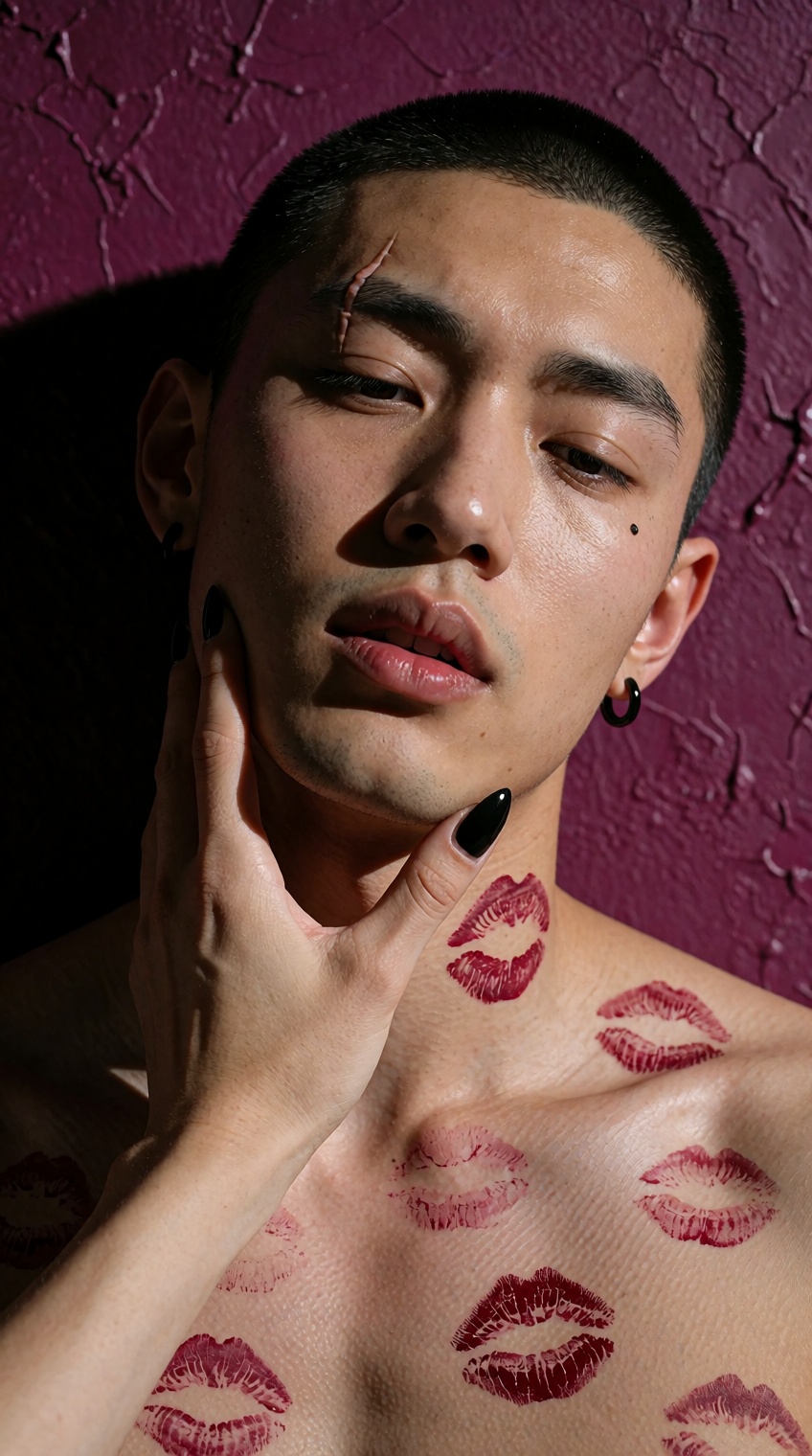 A sensual close-up portrait of a shirtless young East Asian man with a tight buzz cut,  looking downward with a half-lidde...