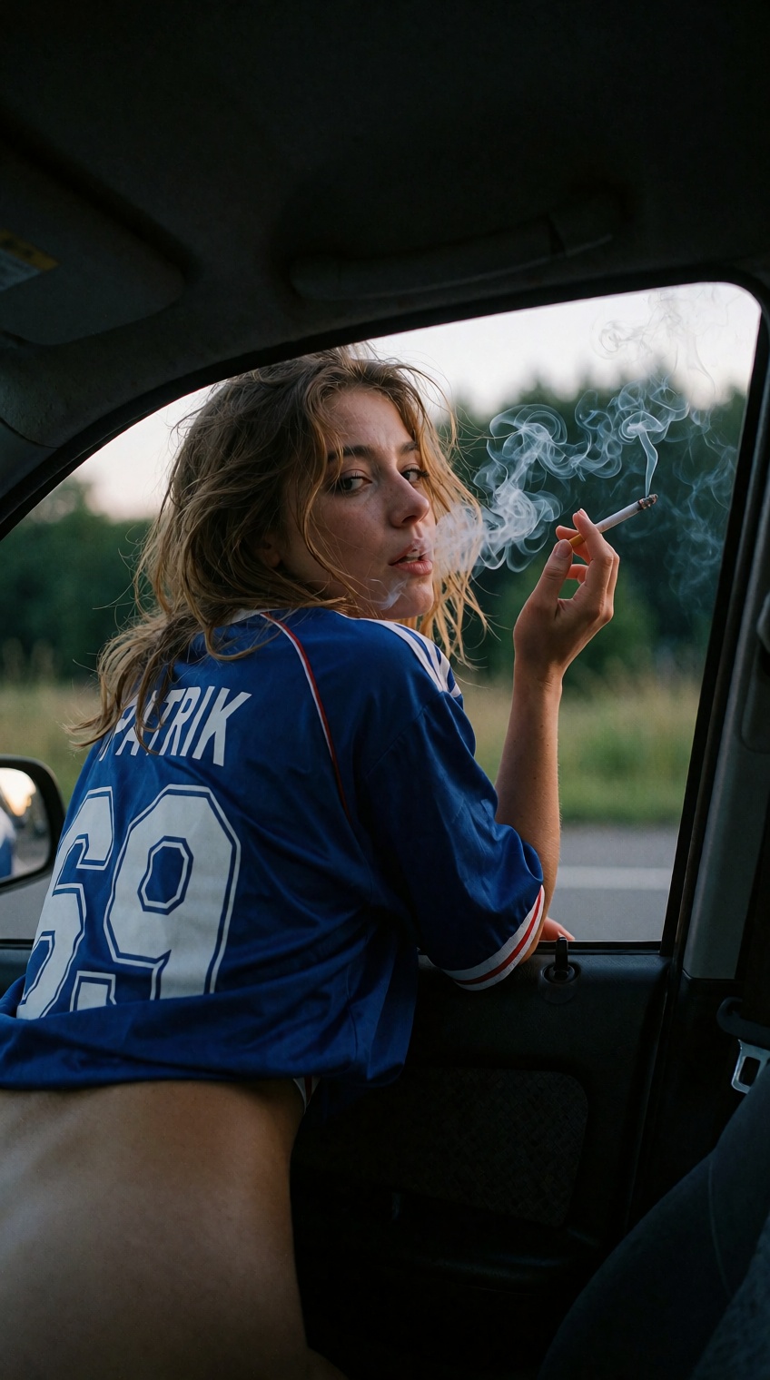 A young woman with windblown dirty-blonde hair leans out of an open car passenger window at dusk,  looking back over her s...
