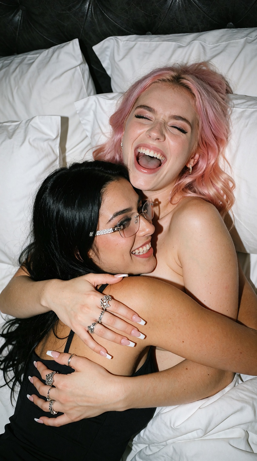 An intimate,  candid flash photograph of two young women embracing amidst a pile of plush white pillows in bed. Lying on h...