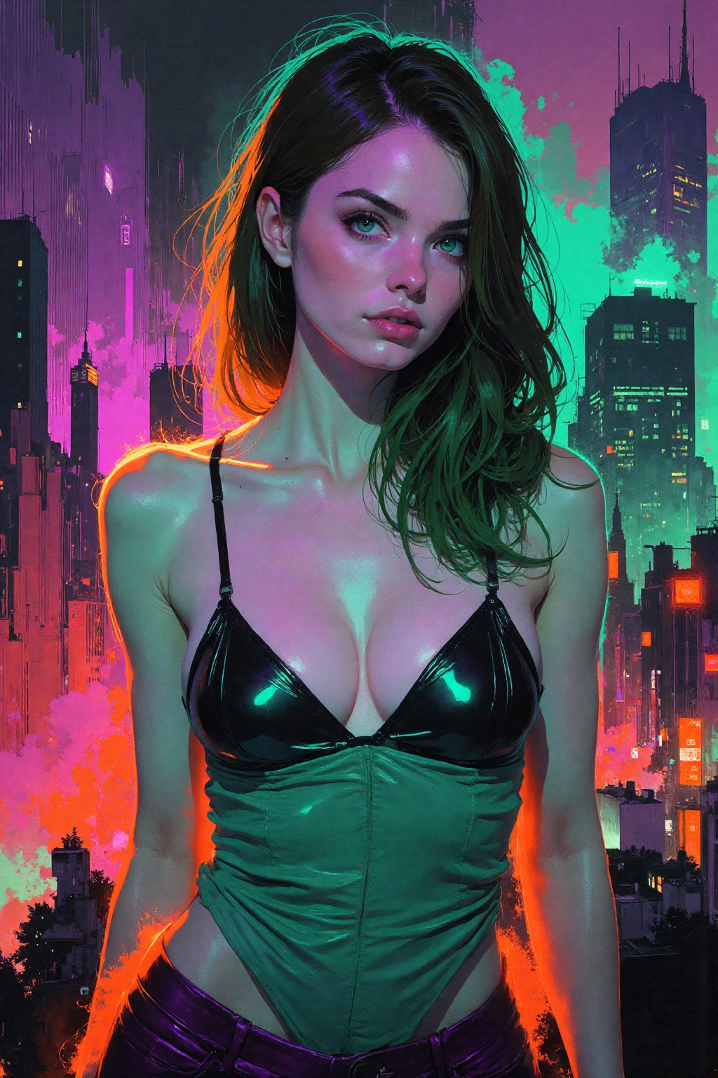 Abstract painting. Rough sketch. Neon colors. A young woman. Medium shot. City by night. on Tensor.Art