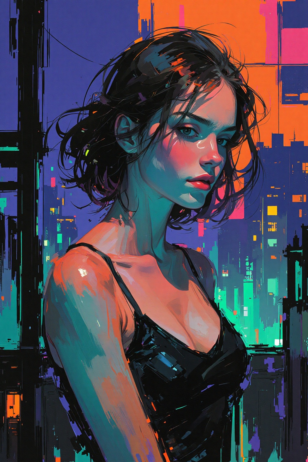 Abstract painting. Rough sketch. Neon colors. A young woman. Medium shot. City by night. on Tensor.Art