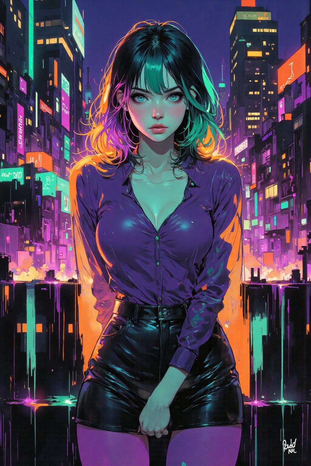 Abstract painting. Rough sketch. Neon colors. A young woman. Medium shot. City by night. on Tensor.Art