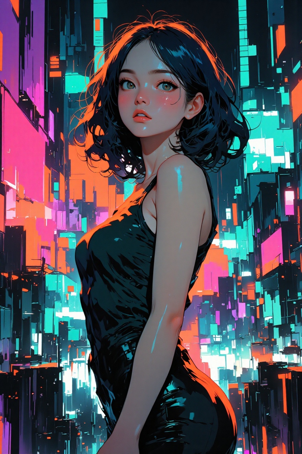 Abstract painting. Rough sketch. Neon colors. A young woman. Medium shot. City by night. on Tensor.Art