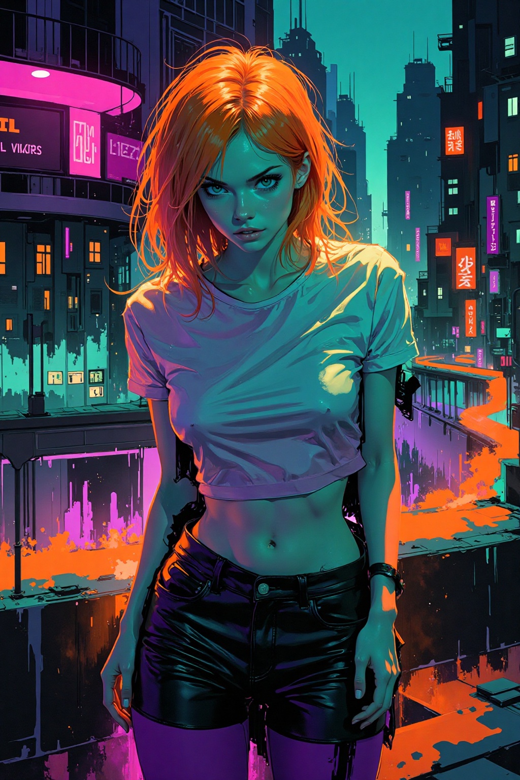 Abstract painting. Rough sketch. Neon colors. A young woman. City by night. on Tensor.Art