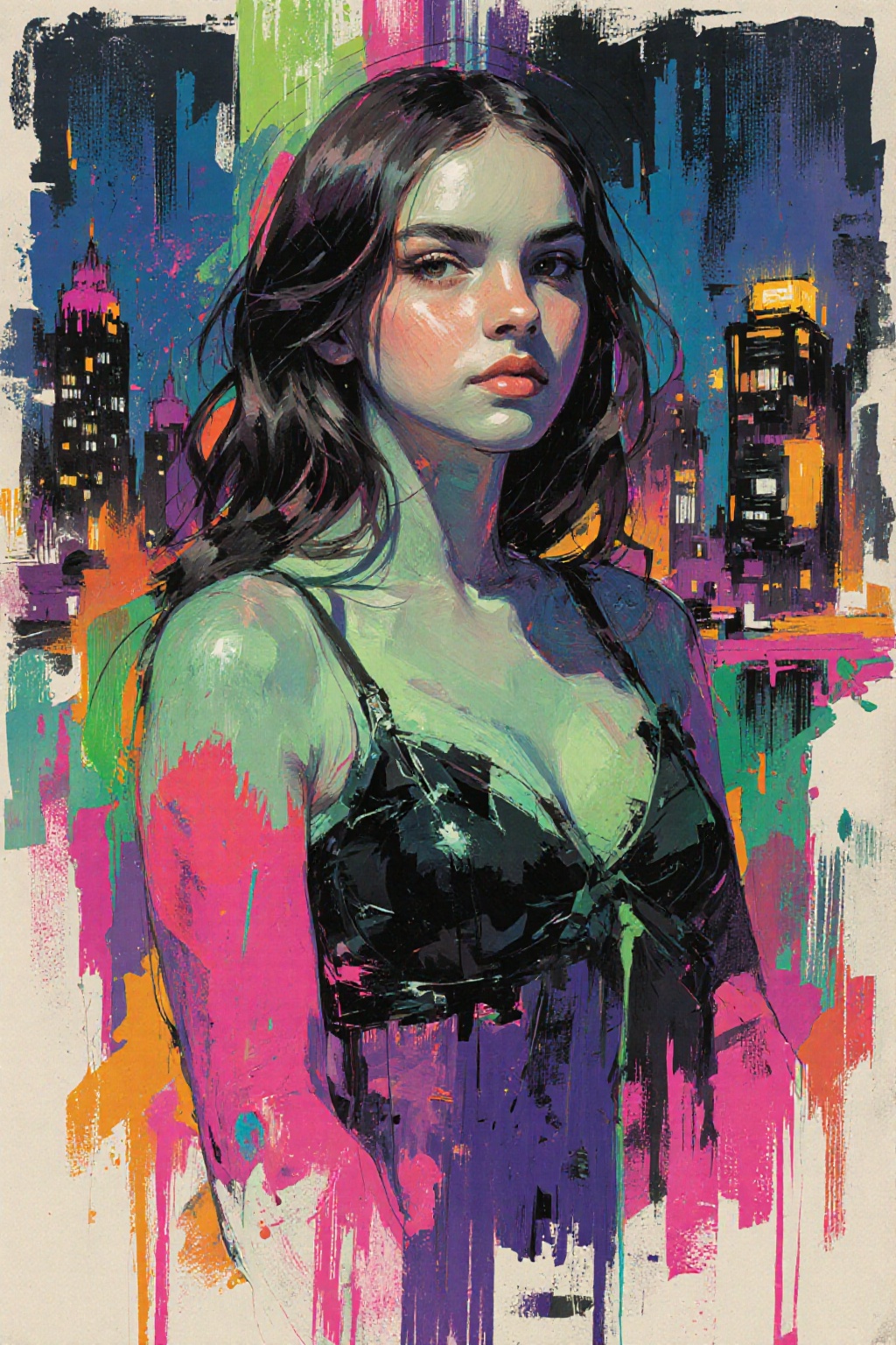 Abstract painting. Rough sketch. Neon colors. A young woman. Medium shot. City by night. on Tensor.Art