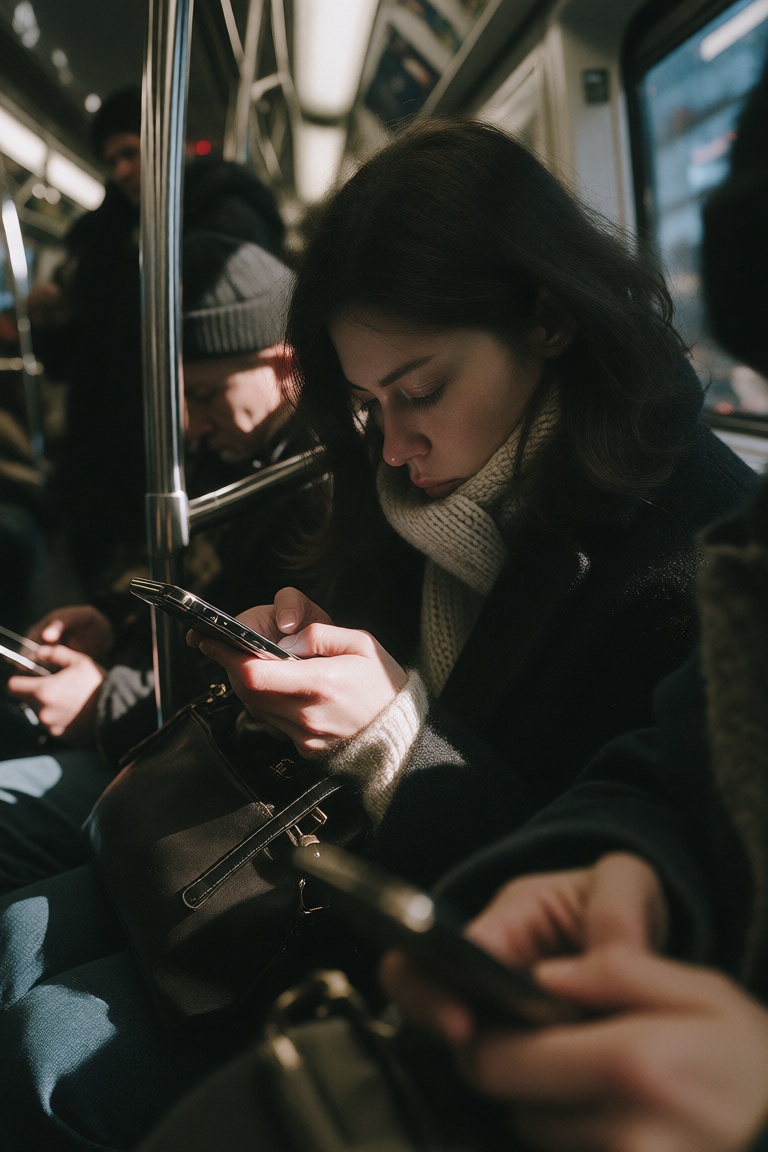 Early evening subway interior. A dark-haired woman in a coat sits among other passengers and looks down at her phone. Her...