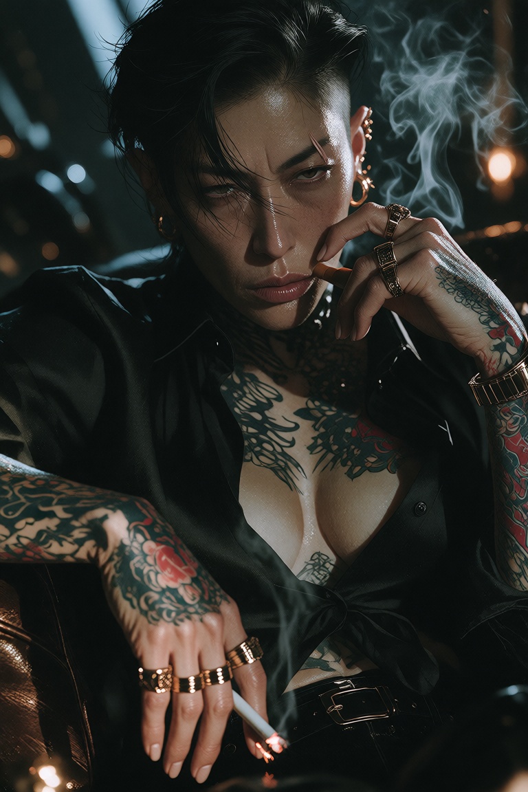 Semi-realistic digital illustration,  upper-body portrait of a hardened East Asian crime-boss woman in her forties,  slick...