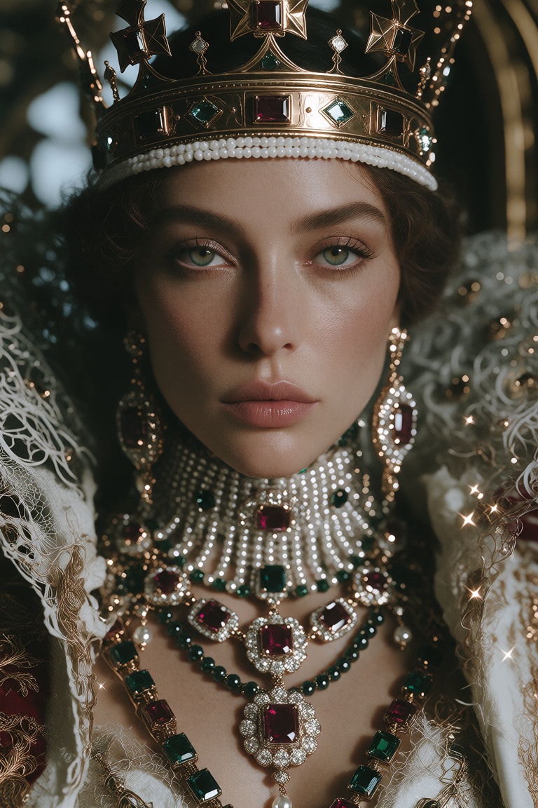 Frontal portrait of a queenly woman in a crown,  layered gemstone jewelry,  and heavily structured ceremonial clothing. Th...
