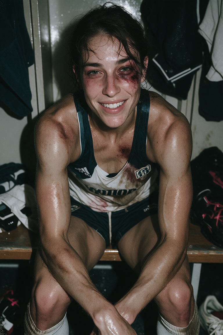 Show a battered female athlete sitting in a locker room after a match. She has short dark hair,  visible bruising around o...