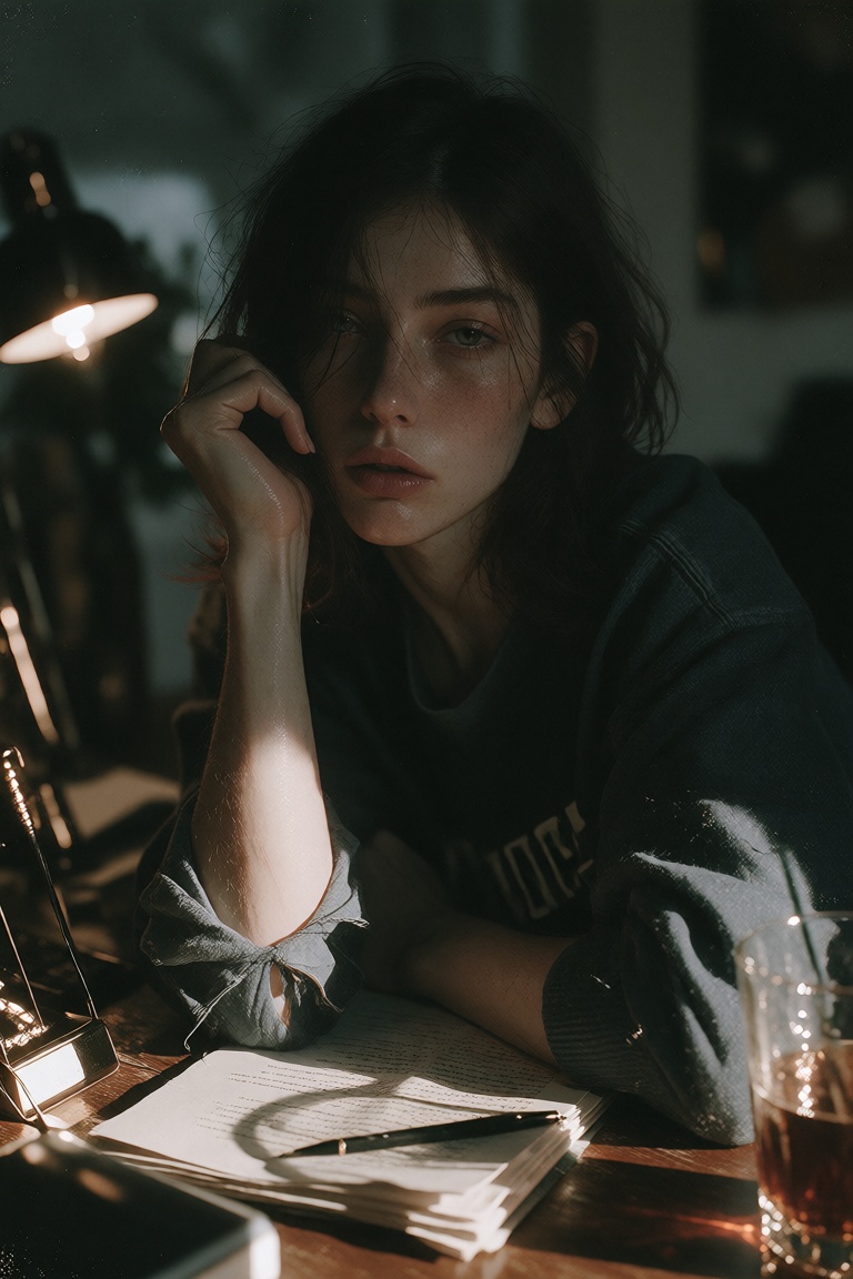 A young woman sits at a desk in a dim room,  one elbow resting on the table and one hand near her face. She has shoulder-l...