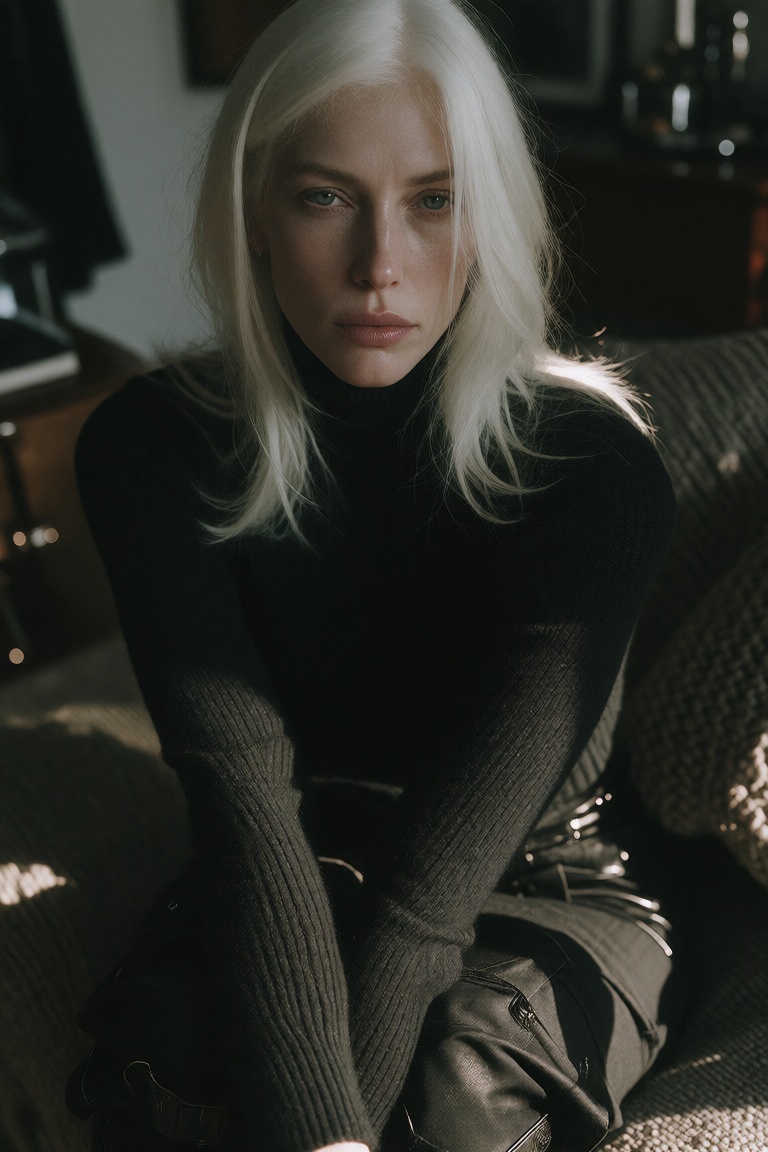 White-haired woman in a fitted dark outfit seated indoors,  with a calm,  unreadable expression. The room contains furnitu...