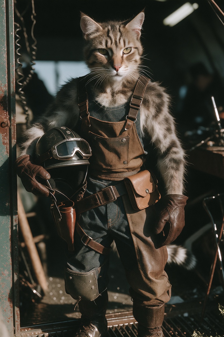 An anthropomorphic feline mechanic stands in a garage doorway holding a helmet. Distinguish clearly between fur,  leather,...
