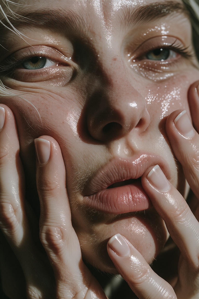 Create a close image of a face framed by several hands pressing into the cheeks and jaw. The expression is intense but con...