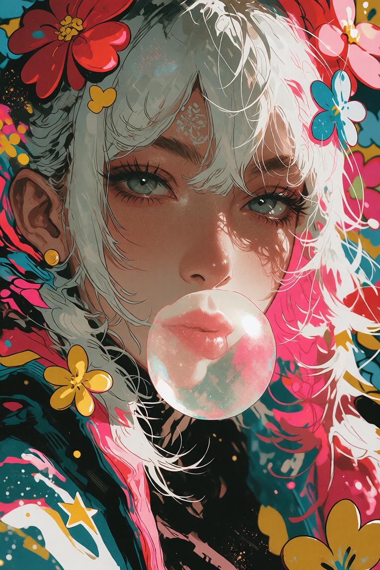 Young woman blowing bubble gum,  surrounded by bold decorative shapes,  high contrast accents on Tensor.Art