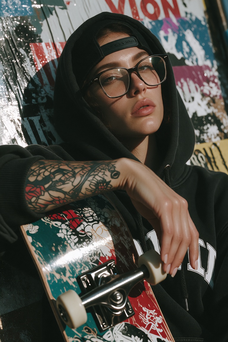 A young woman leaning against a wall covered with layered posters,  wearing a black hoodie,  large rectangular glasses on...
