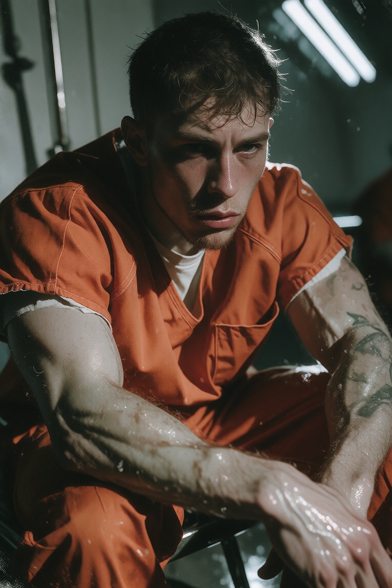 Draw an imprisoned young man in an orange uniform seated in a sparse holding area. He leans forward with his elbows near h...