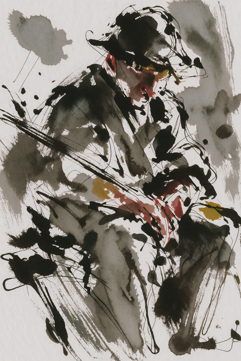 ink-and-wash illustration,  expressive black brush lines,  diluted gray washes on Tensor.Art