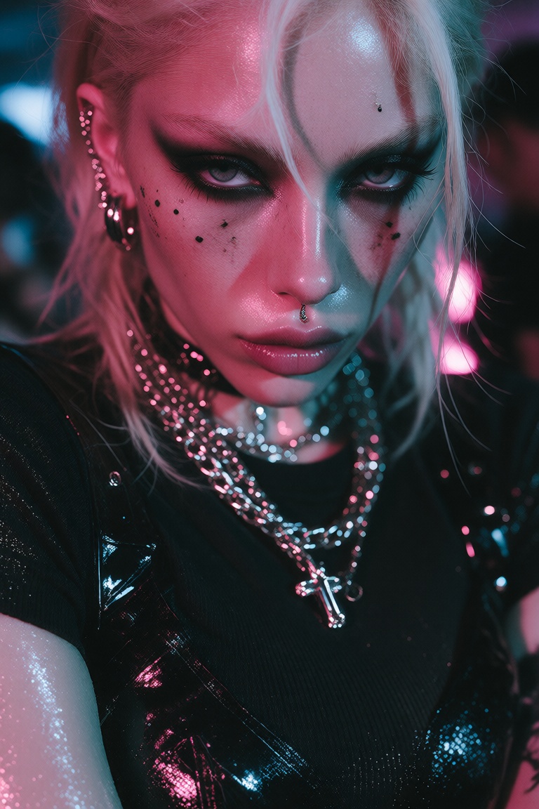 A woman with platinum hair and dark eye makeup appears under pink and blue club lighting,  wearing layered jewelry and a f...