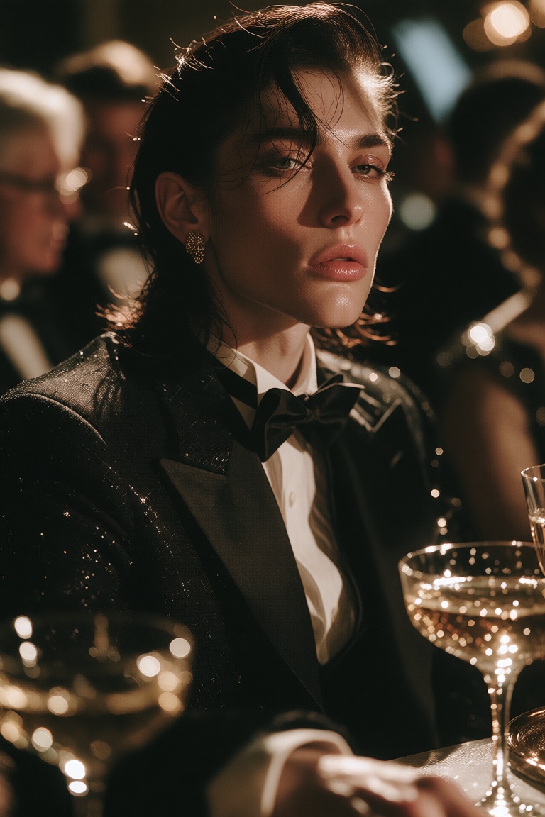 An androgynous person with slicked dark hair and a sharp jawline sits in formal eveningwear,  lit by warm event lighting....