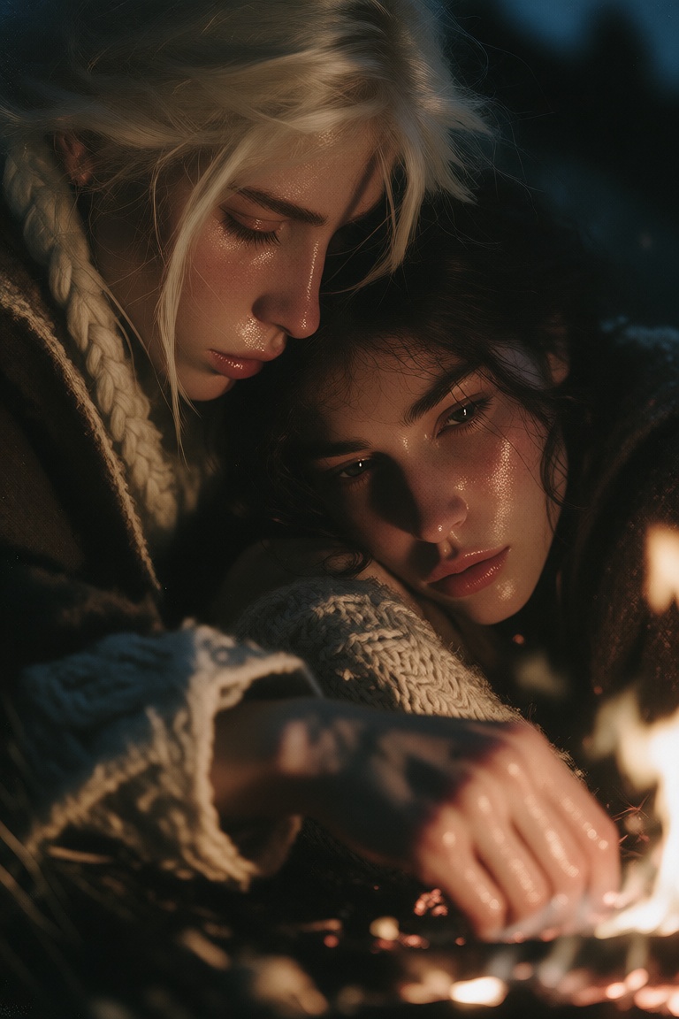 Two women rest close together near a fire at night,  one pale-haired and one dark-haired. Their faces are near each other,...