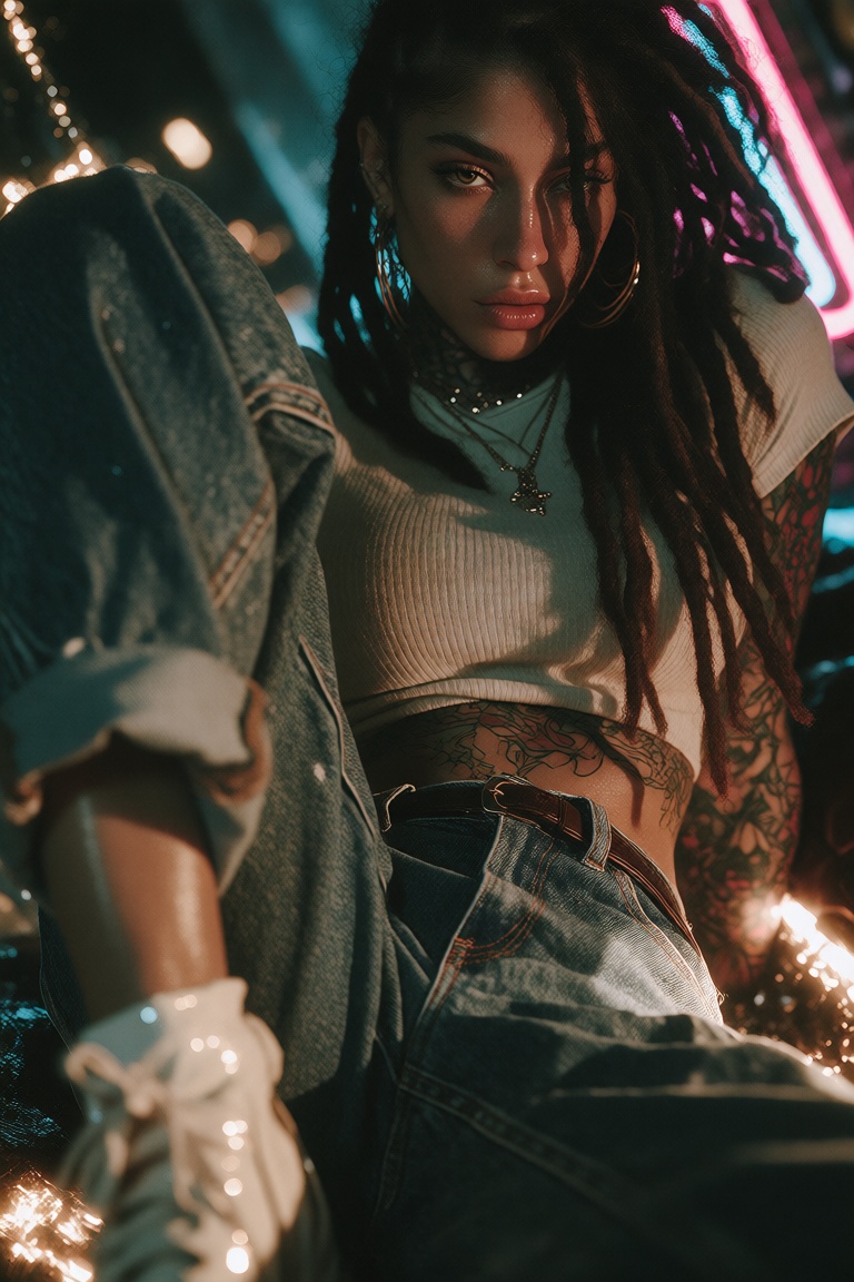 A woman with long dark dreadlocks sits in a relaxed but dominant pose,  one knee raised toward the foreground. She wears a...