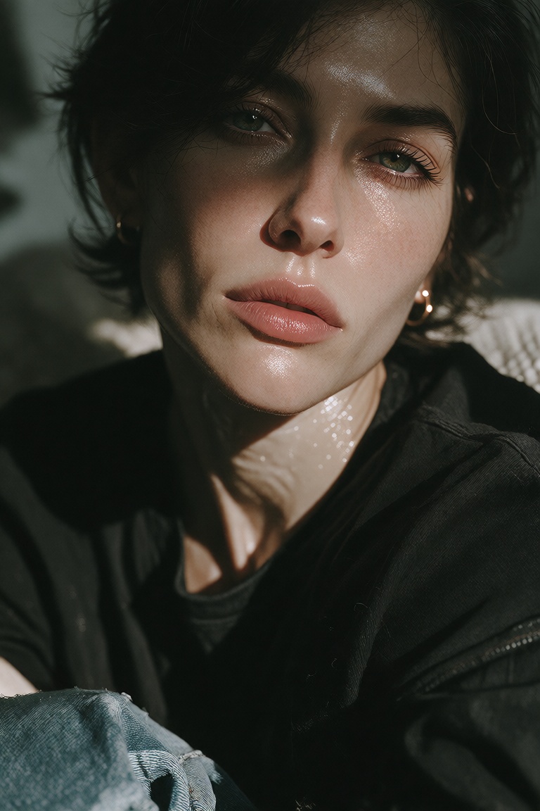 Portrait of a woman with short dark hair,  wearing a black shirt and seated indoors,  but rendered with extremely clear fa...