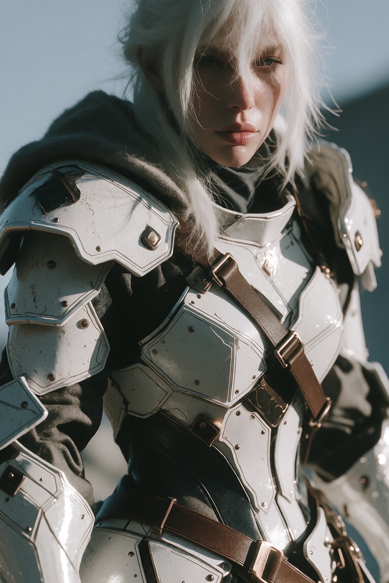 A white-haired armored woman shown from the waist up,  facing slightly off-center,  with a controlled and serious expressi...
