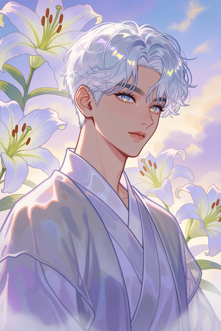 str1w,  A serene and surreal portrait of a young man with short,  shimmering silver hair that looks like polished moonligh...