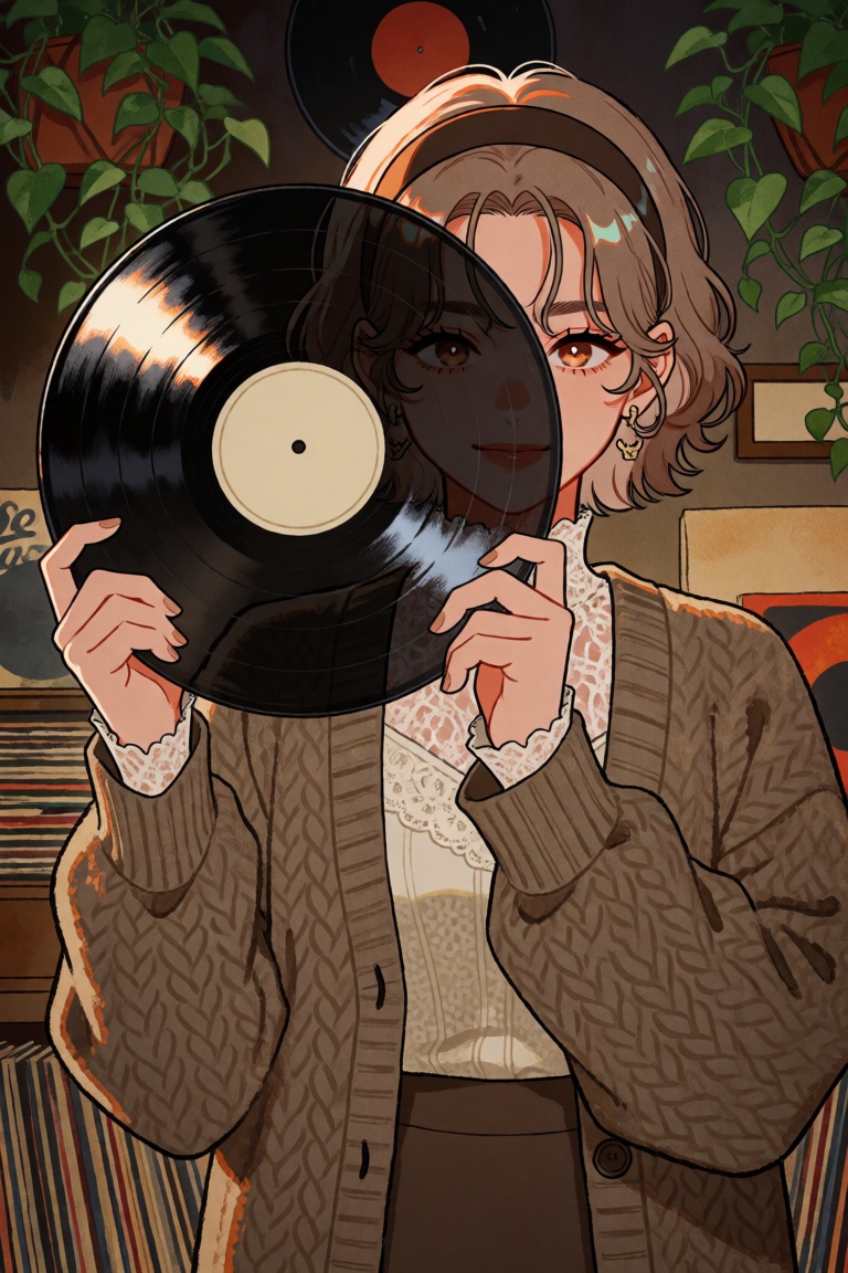 str1w,  A soulful,  intimate portrait of a young musician holding a glistening vinyl record in front of her. Most of her f...
