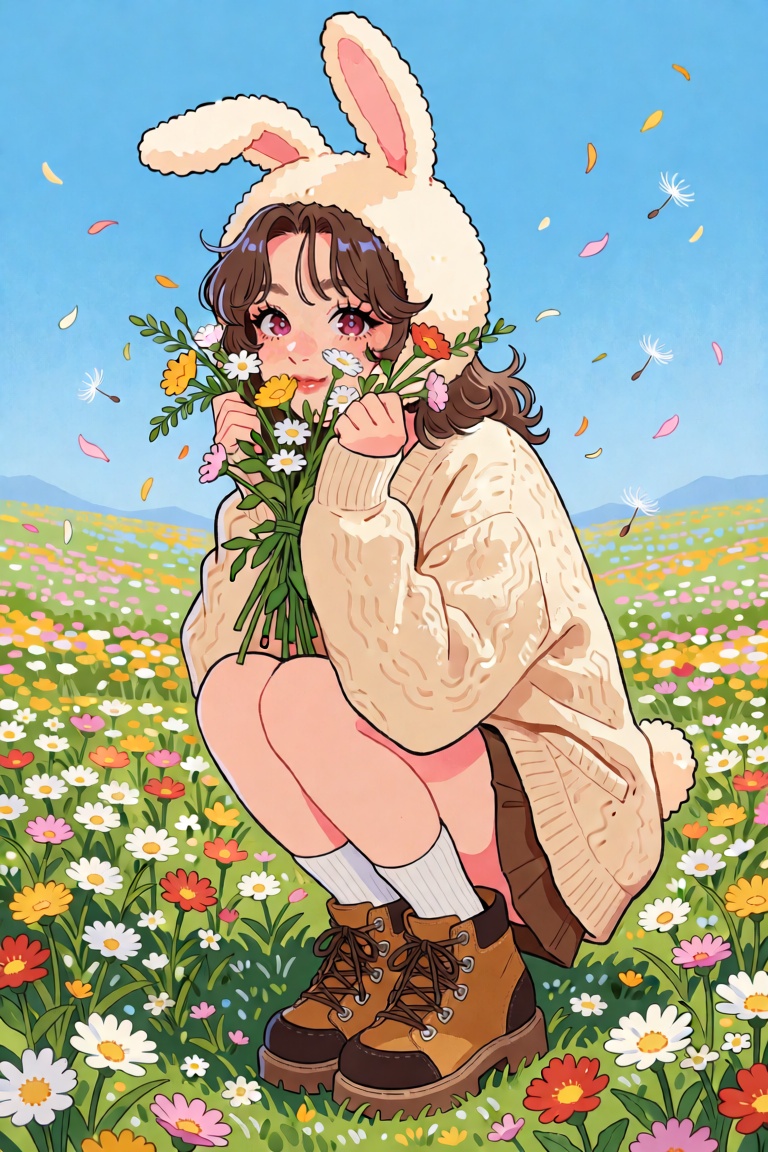 str1w,  a young woman squatting amidst a field of wildflowers. She has a playful,  joyful expression on Tensor.Art