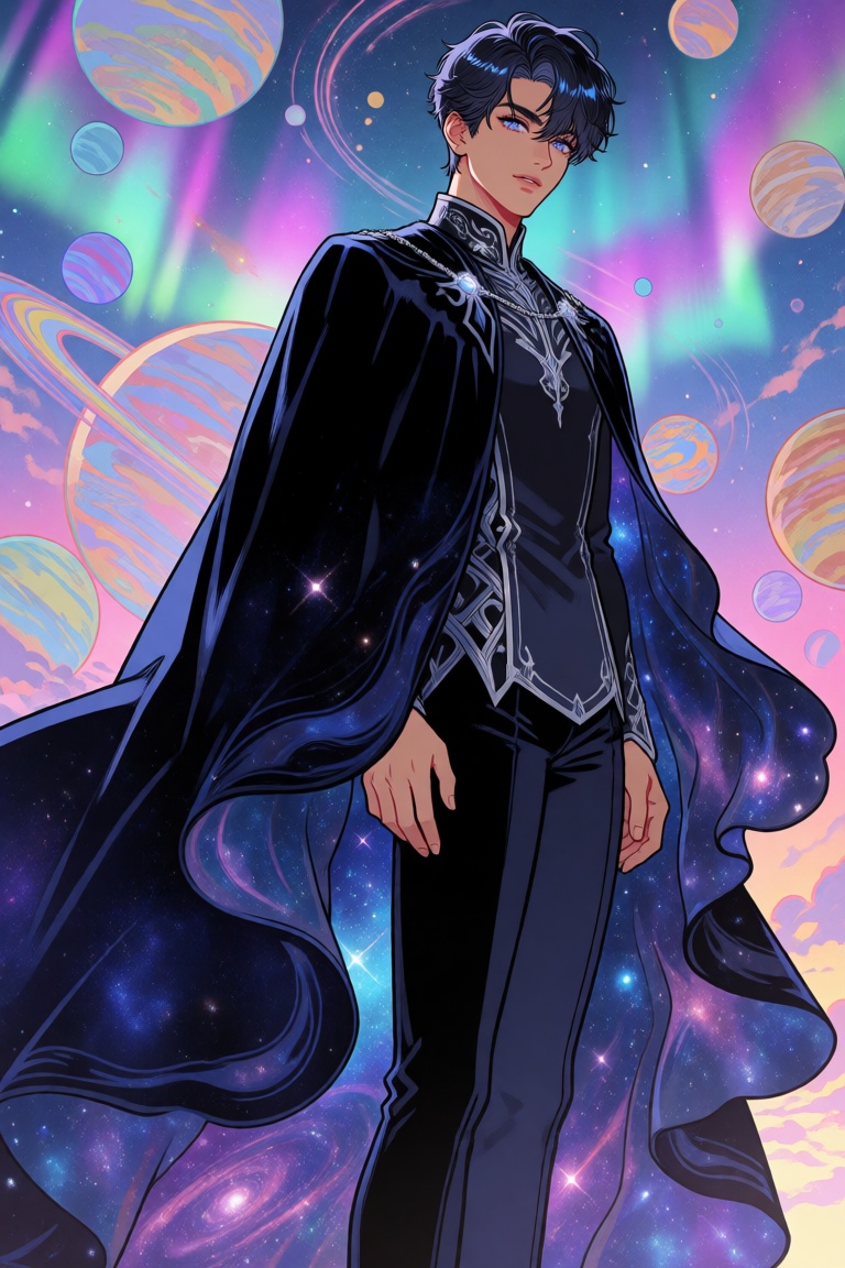 str1w,  A striking,  ethereal portrait of a young man standing amidst a swirl of cosmic dust. He possesses a handsome on T...
