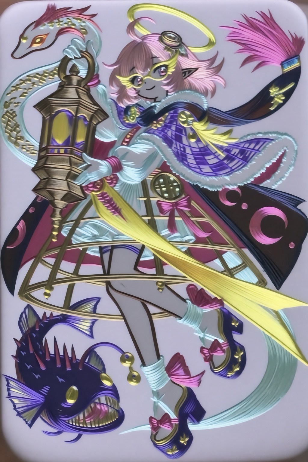 Relief-like illustration depicting a character with grey skin and glossy-metalic hair and attire. In a dynamic,  full-body...