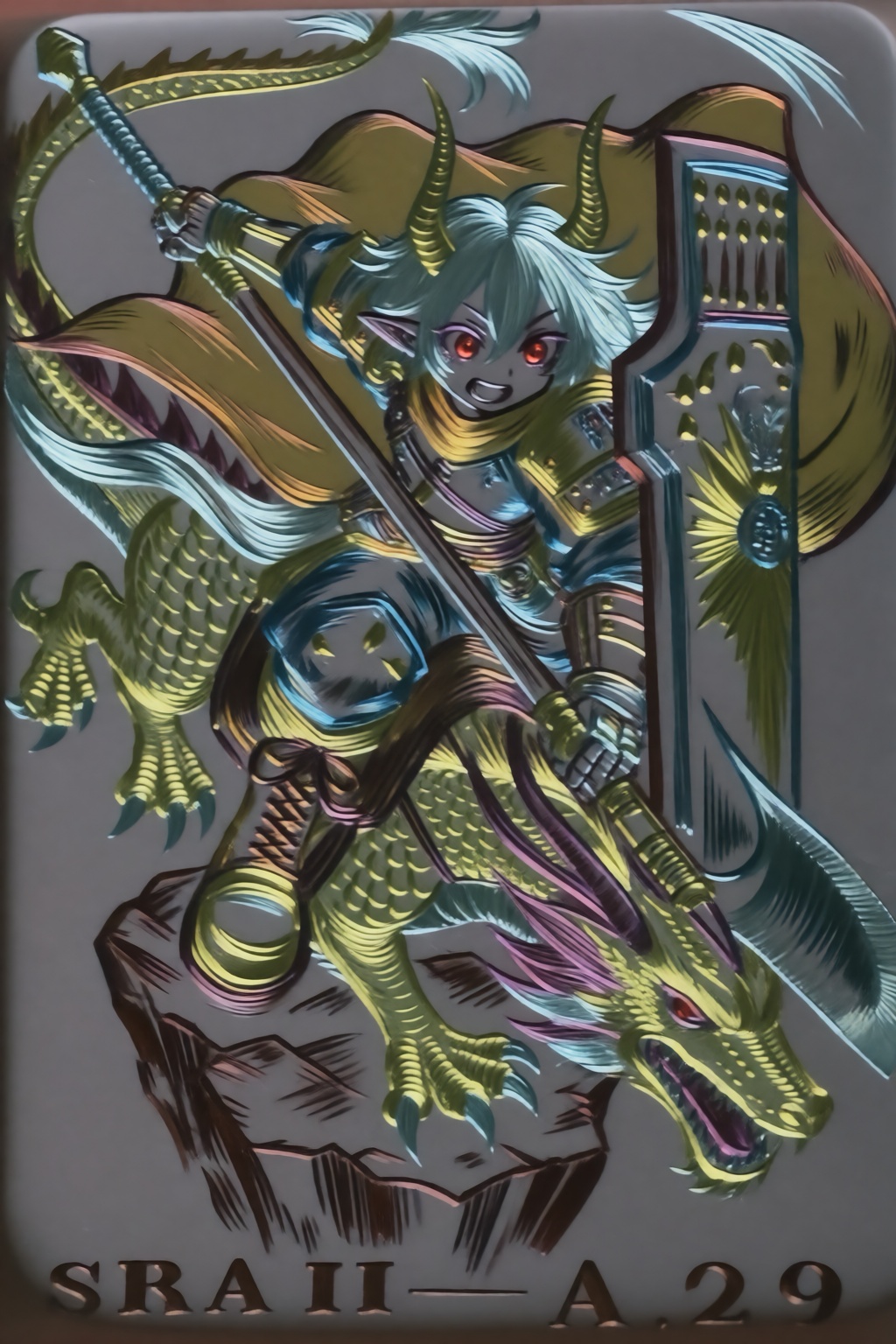 Relief-like anime illustration depicting a character with grey skin and glossy-metalic hair and attire. In a dynamic top-d...