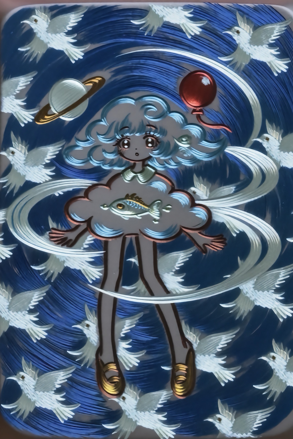 Relief-like illustration depicting a character with grey skin and glossy-metalic hair and attire. in a surreal,  flat-lay...