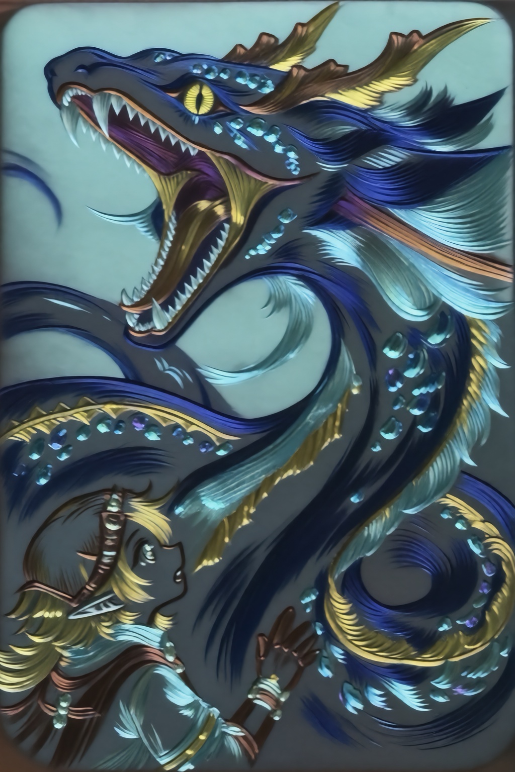 Relief-like anime illustration In a dynamic,  high-angle diagonal perspective,  a terrifying yet whimsical abyssal serpent...