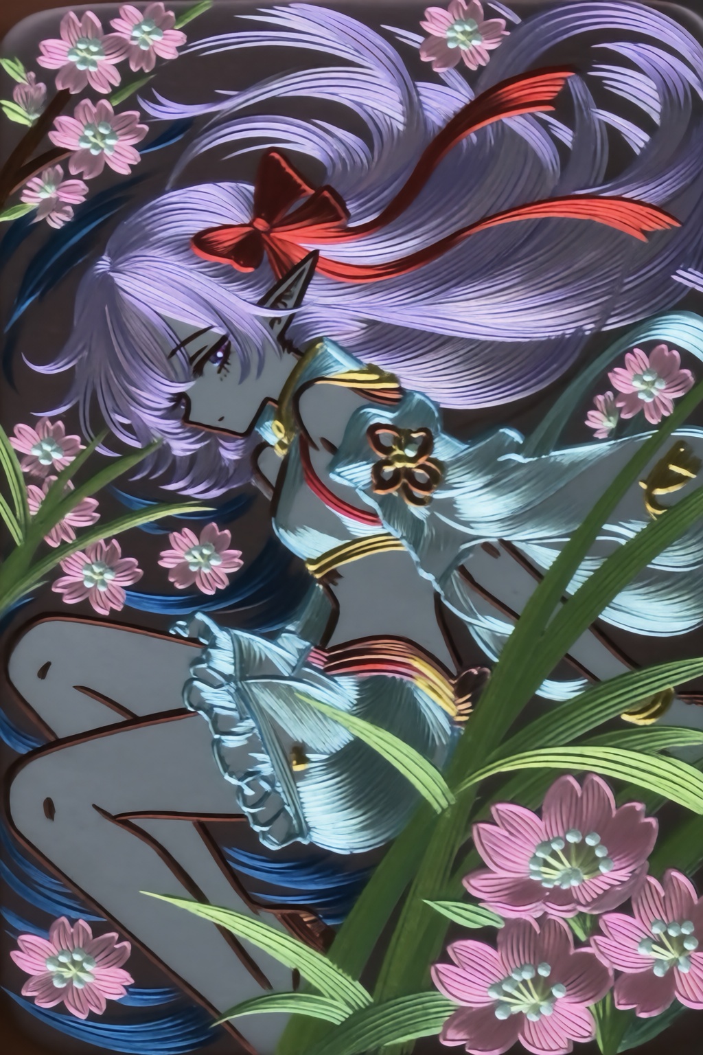 Relief-like illustration depicting a character with grey skin and glossy-metalic hair and attire. In a dynamic,  top-down...