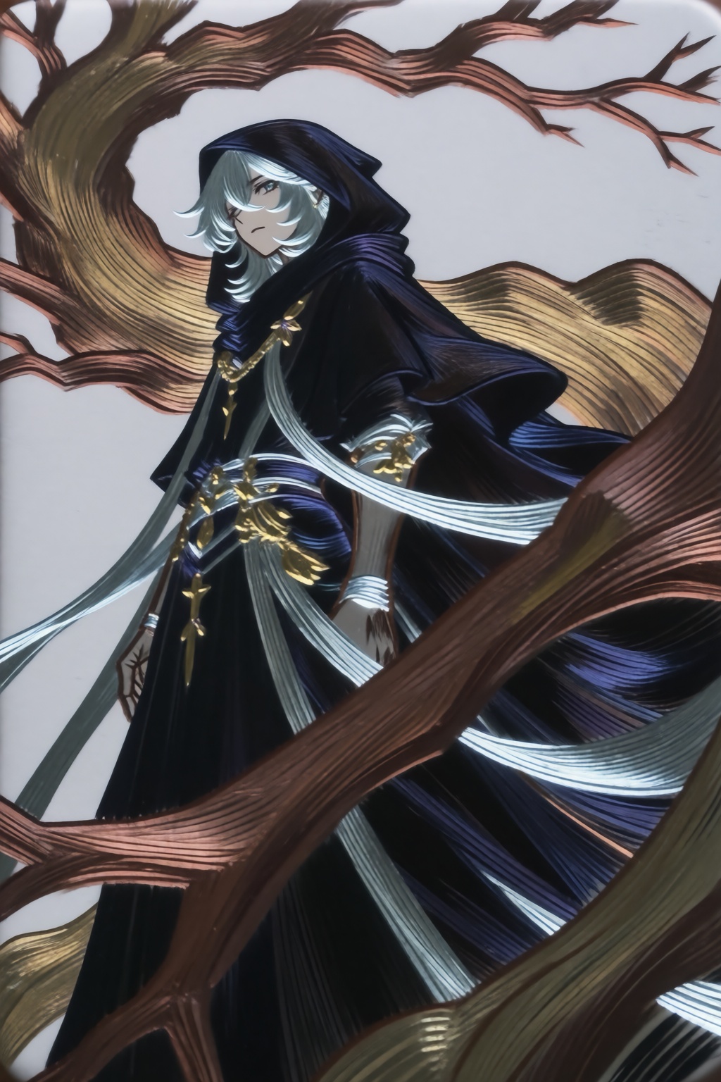 Relief-like anime illustration depicting a character with grey skin and glossy-metalic hair and attire. In a dynamic low-a...