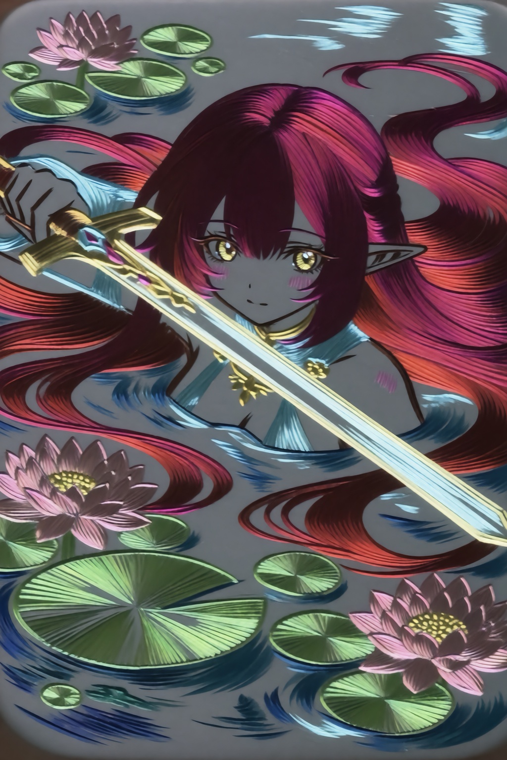 Relief-like anime illustration depicting a character with grey skin and glossy-metalic hair and attire. In a dynamic high-...