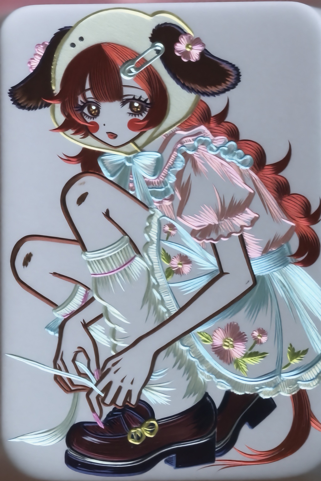 Relief-like anime illustration depicting a character with red skin and glossy-metalic hair and attire. A slender figure wi...