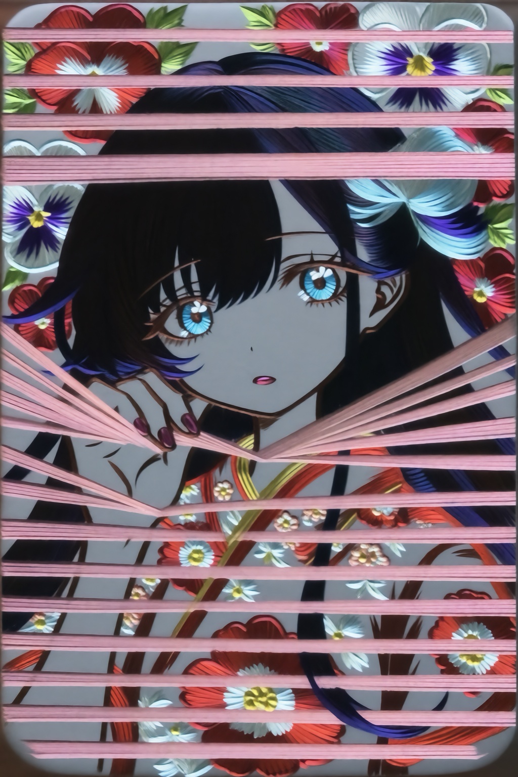 Relief-like anime illustration depicting a character with grey skin and glossy-metalic hair and attire. In a centered,  ey...