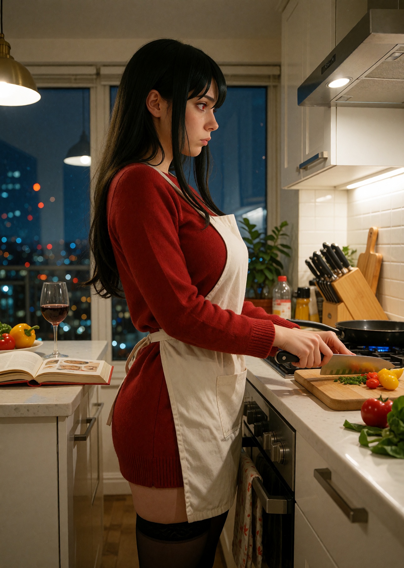 35mm film photograph,  side view. Right side of frame: a modern apartment kitchen — white cabinets,  a stovetop with a pan...