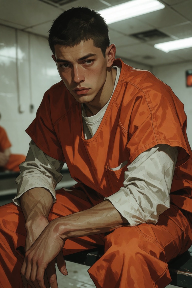 Draw an imprisoned young man in an orange uniform seated in a sparse holding area. He leans forward with his elbows near h...