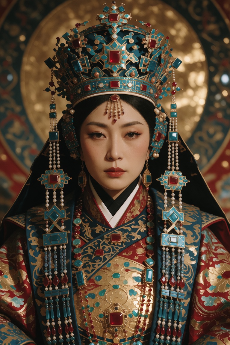 An ancient queen-like figure in richly decorated ceremonial dress and a jeweled crown,  shown frontally with symmetrical f...