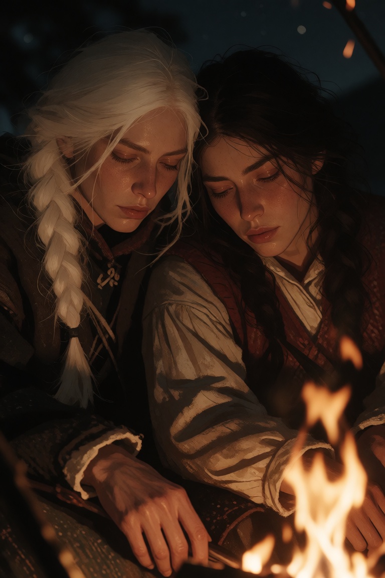 Two women rest close together near a fire at night,  one pale-haired and one dark-haired. Their faces are near each other,...