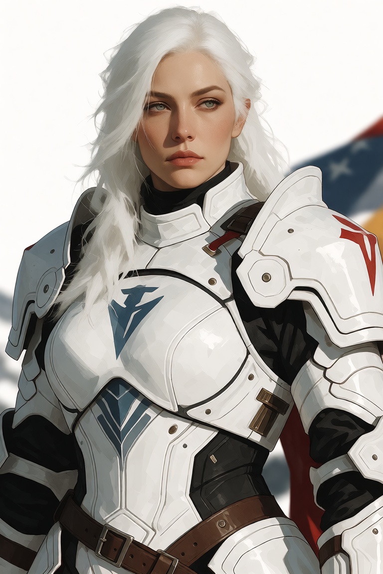 A white-haired armored woman shown from the waist up,  facing slightly off-center,  with a controlled and serious expressi...